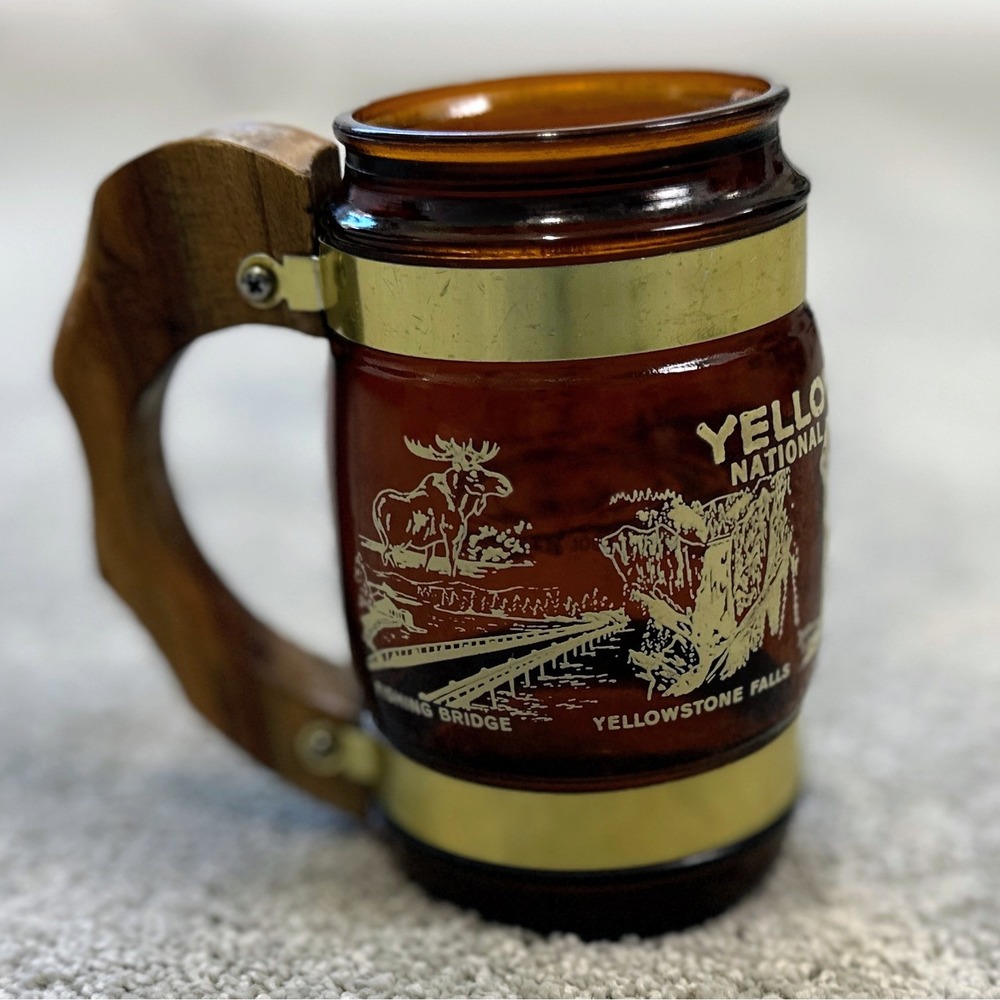 Vintage Siesta Ware Yellowstone National Park Amber Mug Wooden Handle Brass Band